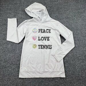 Lucky In Love Girls L 14 Tennis Hoodie Top Peace Love Tennis White Rhinestone